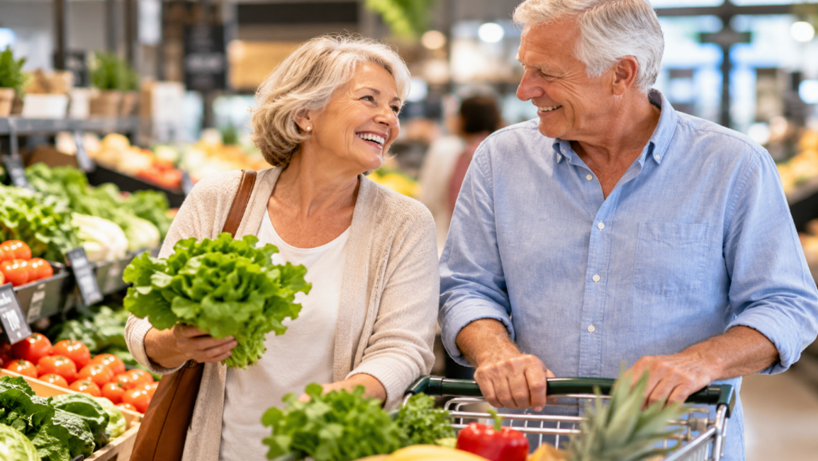 Retired Australian couple shopping for fresh groceries, illustrating how superannuation-funded retiree spending supports local businesses.